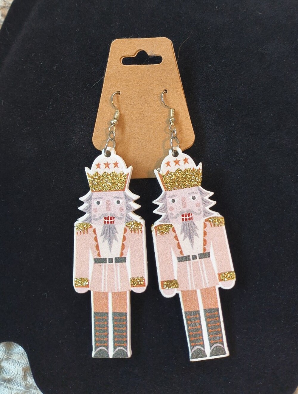 Pink Wooden Nutcracker Dangle Earrings Soldier Gold Glitter  Festive Christmas